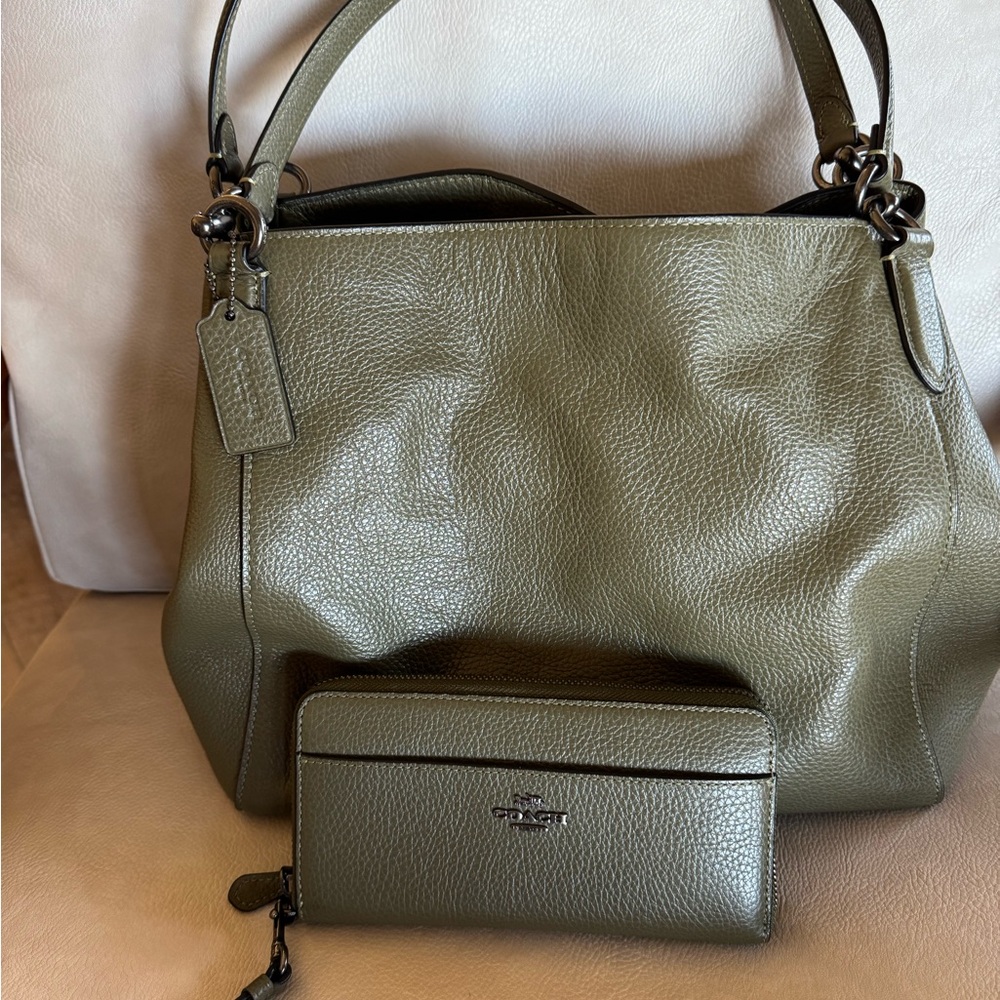 Coach Olive Green Leather Shoulder Bag with wallet-only selling together